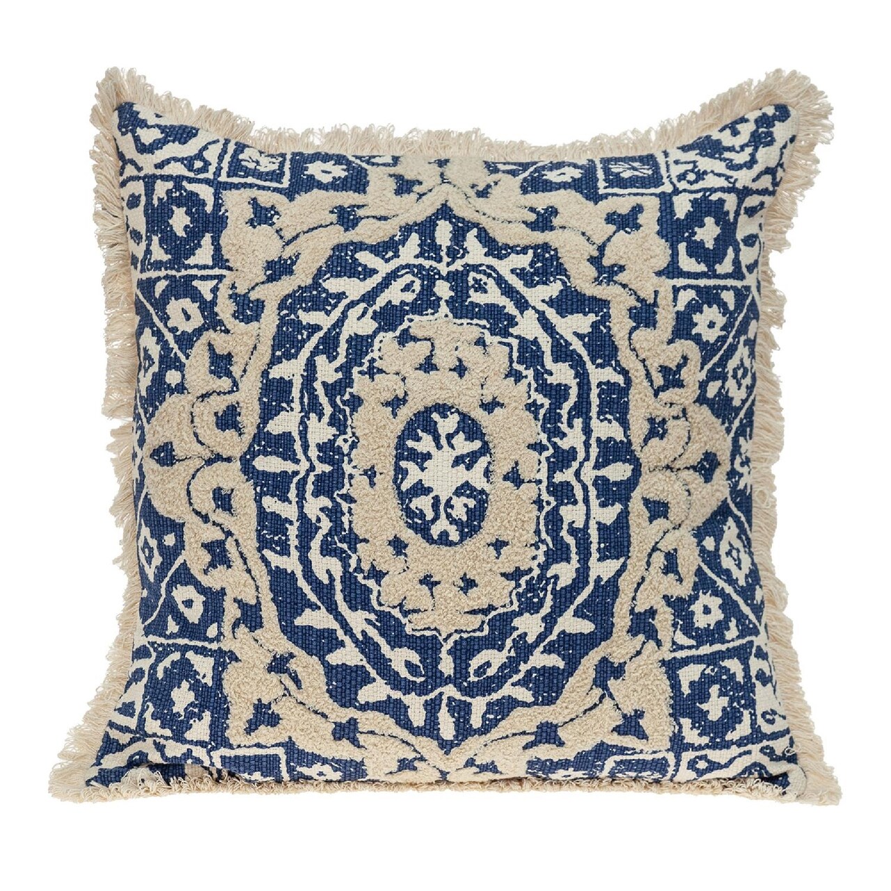 Nassau Collection 18" Beige and Blue Embroidered Ethnic Design Throw Pillow